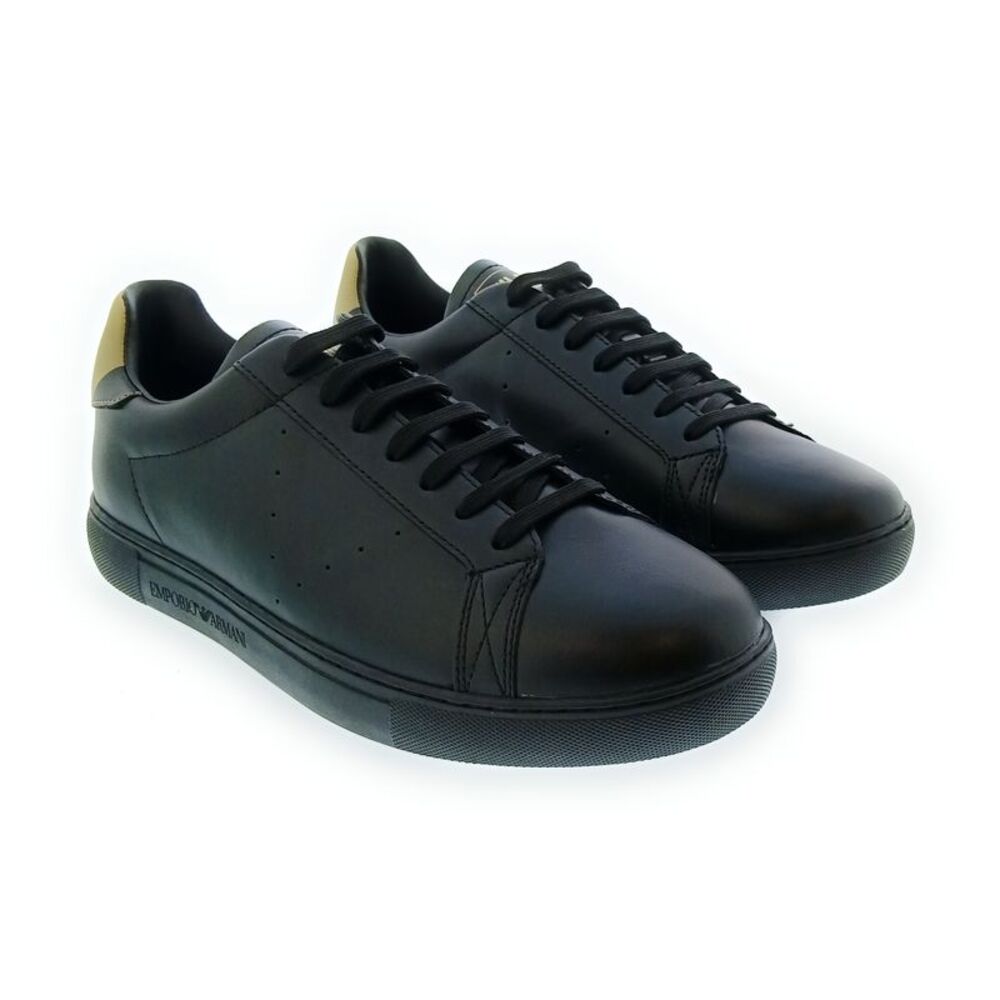 Emporio Armani Men's Black Gold Leather Low-Top Sneakers